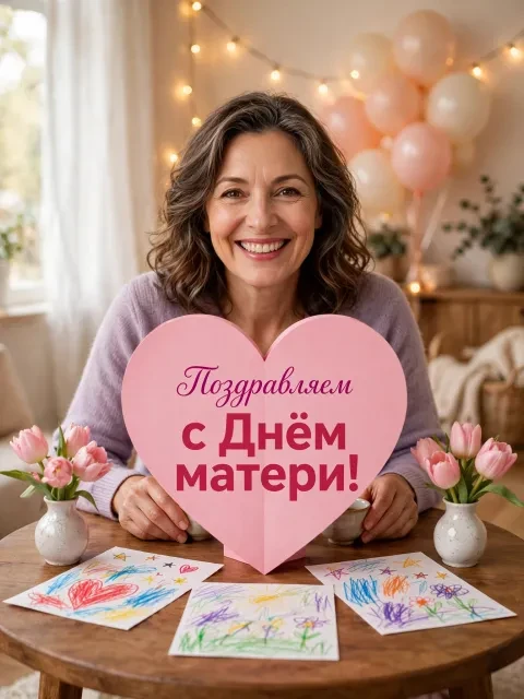 Пример открытки в дизайне «Сердце с детскими поделками»