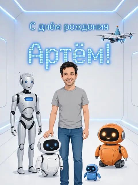 Пример открытки в дизайне «Робо-вечеринка»