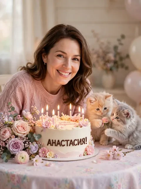 Пример открытки в дизайне «Котята и пастельный торт»