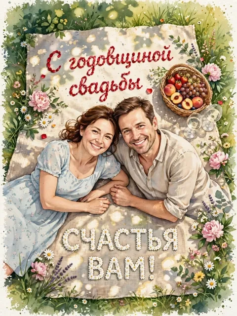 Пример открытки в дизайне «Акварельный пикник»