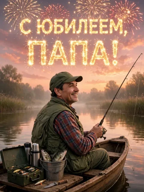 Пример открытки в дизайне «Рыбалка на рассвете»