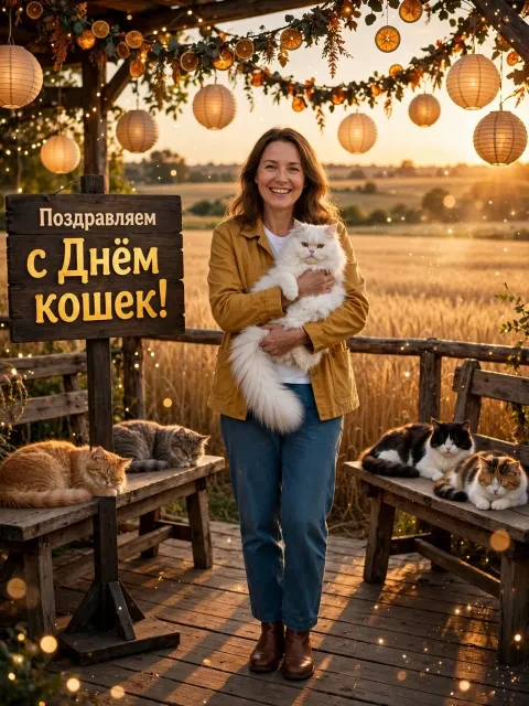 Пример открытки в дизайне «Августовский кошачий фестиваль»