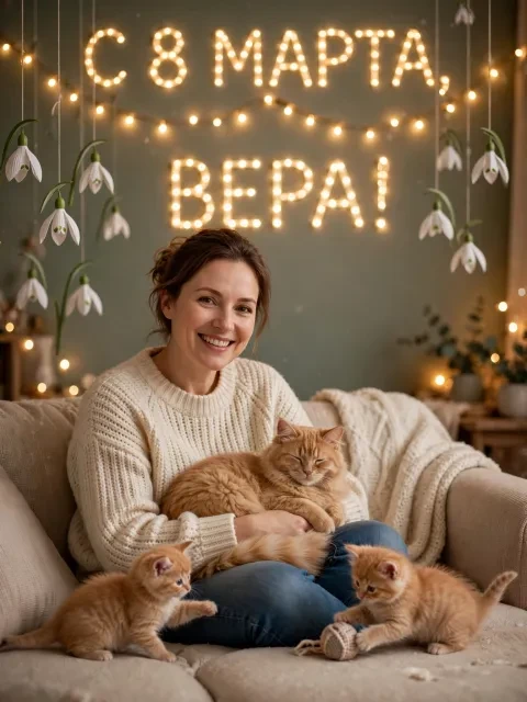 Милый март котик с гирляндой