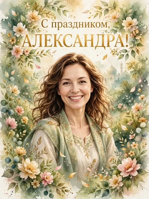 Пример открытки в дизайне «Акварельный сад с мечетью»