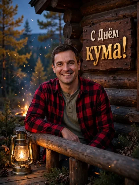Пример открытки в дизайне «Охотничий домик в тайге»