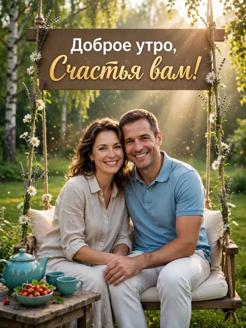 Пример открытки в дизайне «Завтрак на садовой качели»
