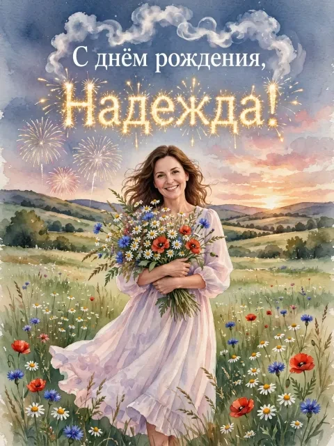 Пример открытки в дизайне «Полевой букет в акварели»