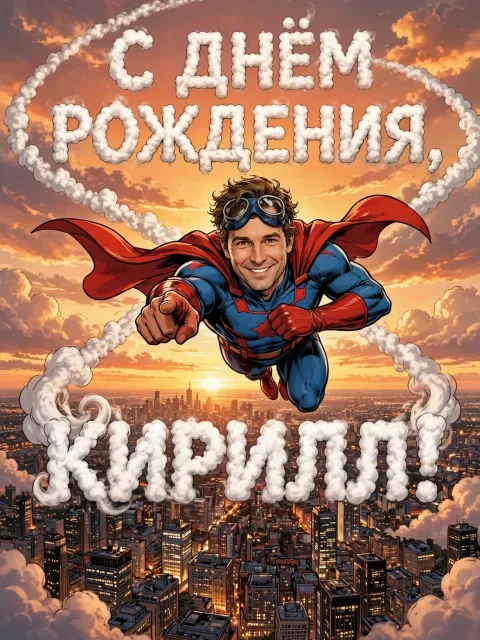 Пример открытки в дизайне «Супергерой спасает праздник»