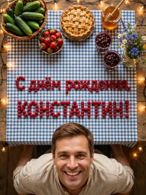 Пример открытки в дизайне «Вид сверху на дачный стол»