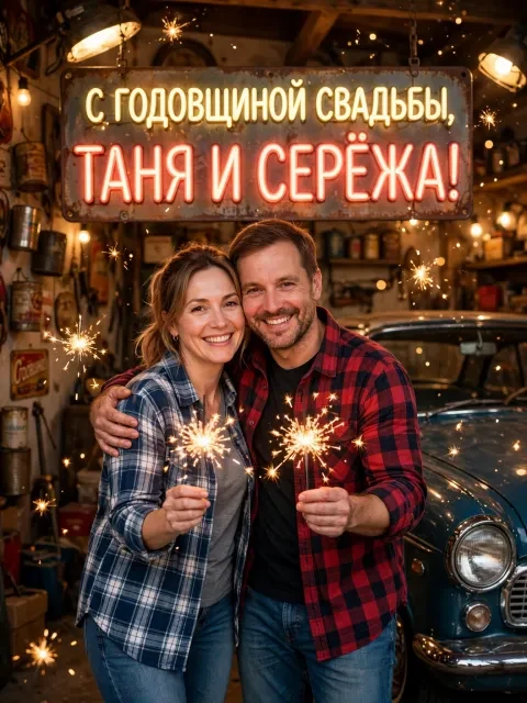 Пример открытки в дизайне «Жестяная свадьба с бенгальскими огнями»