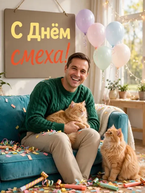 Пример открытки в дизайне «Апрельские коты и улыбки»