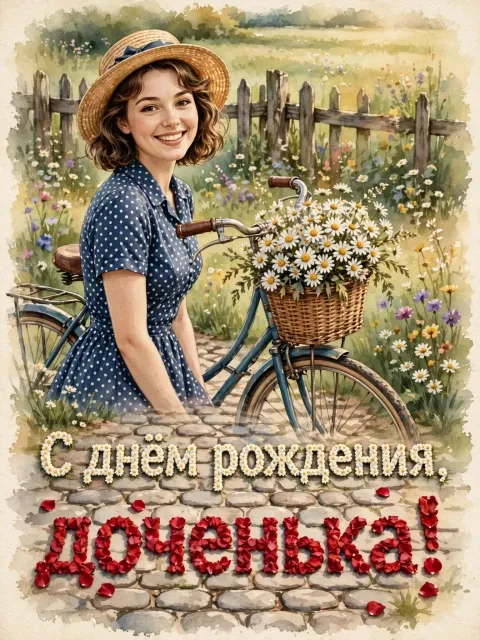 Пример открытки в дизайне «Винтажный велосипед с цветами»