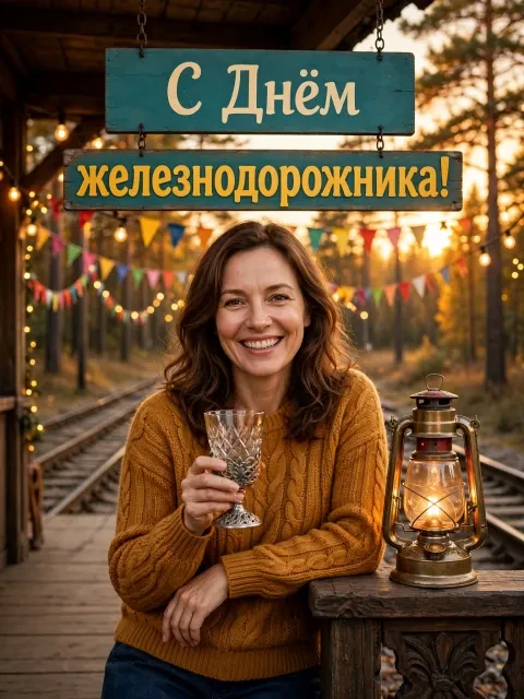 Пример открытки в дизайне «Уютный полустанок в лучах заката»