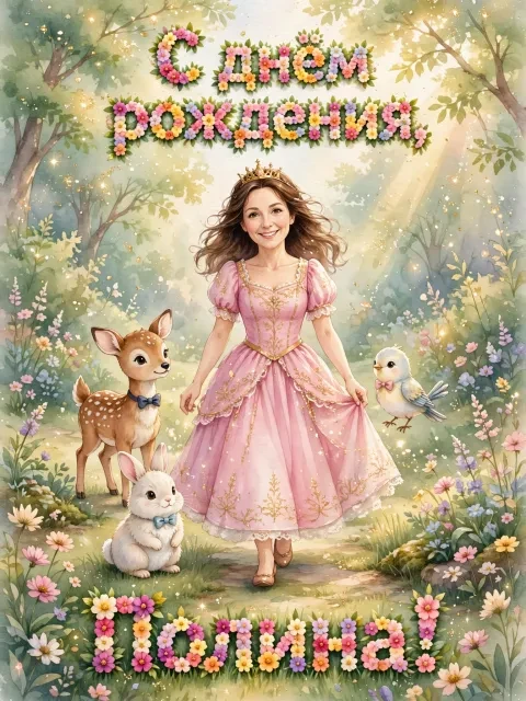 Пример открытки в дизайне «Принцесса и зверята в саду»
