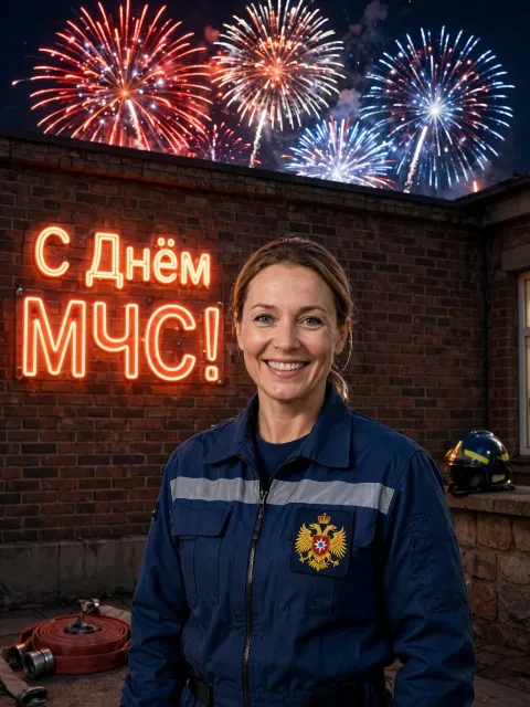 Пожарный на фоне салюта