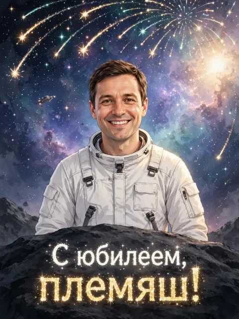 Пример открытки в дизайне «Космический юбилей»