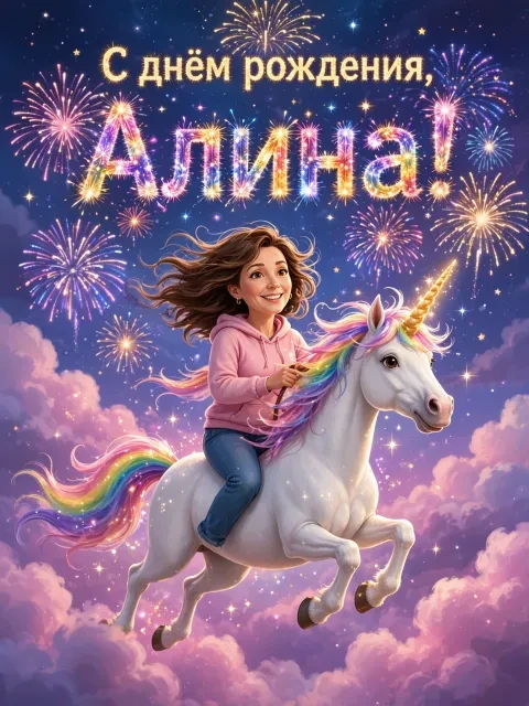 Пример открытки в дизайне «Единорог в облаках с салютом»