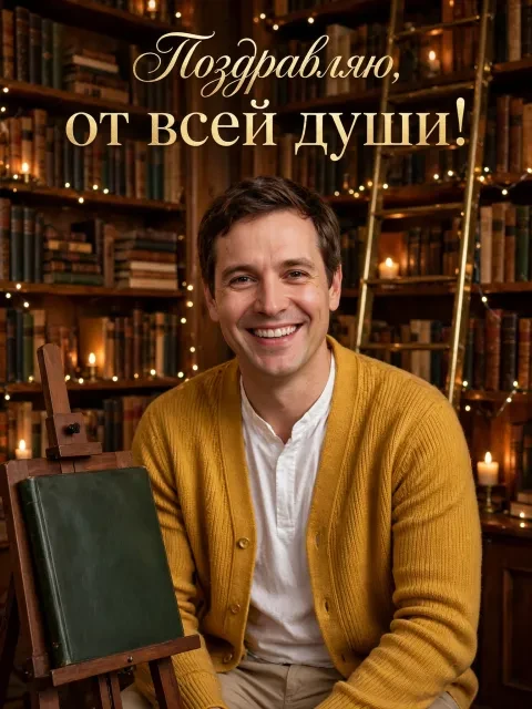 Пример открытки в дизайне «Уютная библиотека»