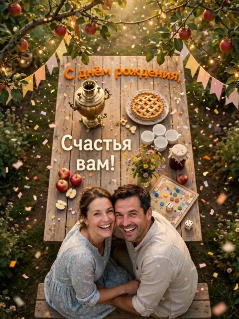 Пример открытки в дизайне «Дачный стол под яблоней»