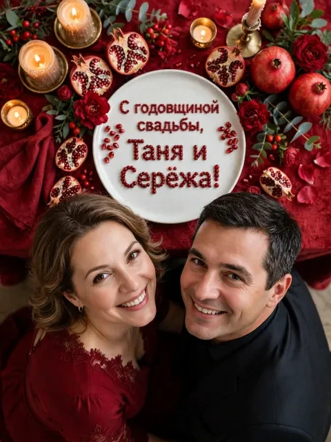 Пример открытки в дизайне «Гранатовое сердце на столе»