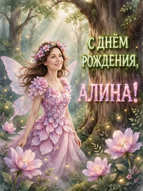 Пример открытки в дизайне «Фея цветов в волшебном лесу»