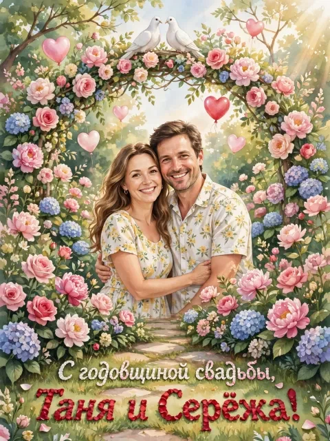 Пример открытки в дизайне «Сад из цветов и сердец»