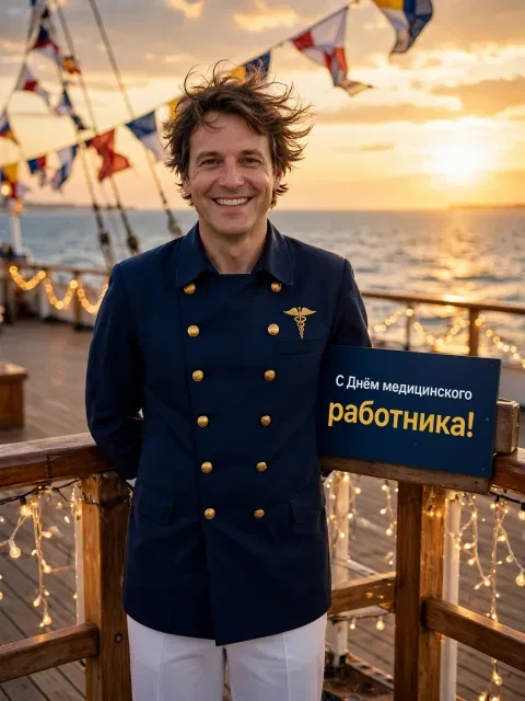 Пример открытки в дизайне «Морской доктор на палубе»