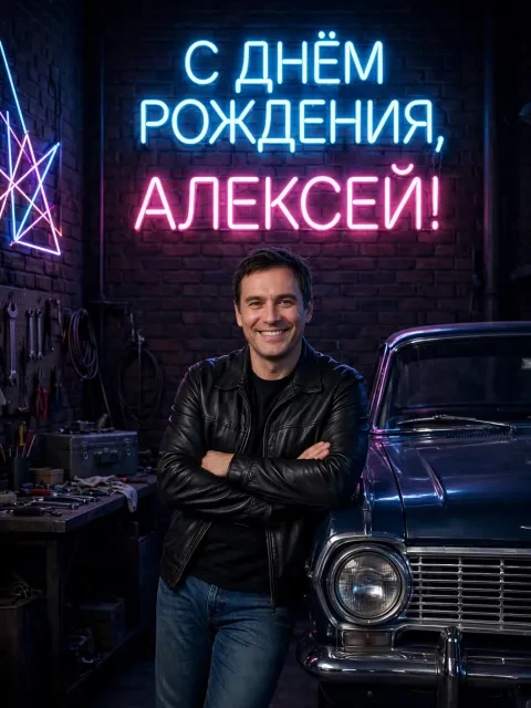 Пример открытки в дизайне «Гараж с неоном»