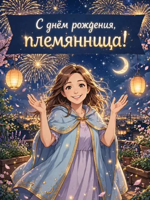 Пример открытки в дизайне «Аниме-волшебница с салютом»