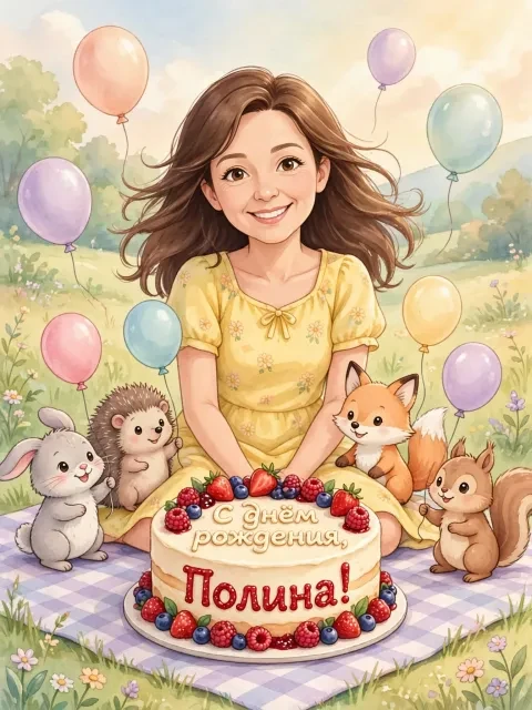 Пример открытки в дизайне «Зверята на праздничном пикнике»