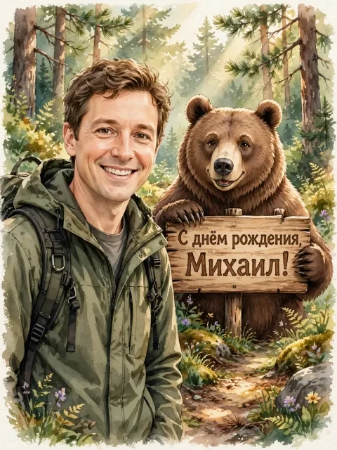 Пример открытки в дизайне «Лесной поход»