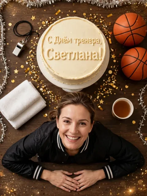 Пример открытки в дизайне «Стол тренера с тортом и свистком»
