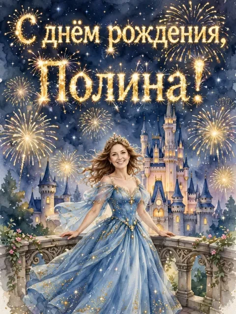 Пример открытки в дизайне «Сказочный замок и салют»