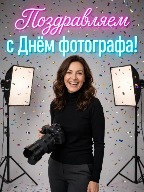 Пример открытки в дизайне «Студийный неон и конфетти»