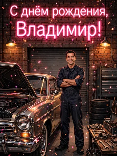 Пример открытки в дизайне «Неон в гараже»