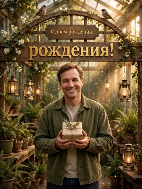 Пример открытки в дизайне «Винтажная оранжерея с птицами»