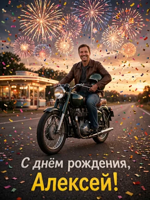 Пример открытки в дизайне «Мотоцикл и конфетти»