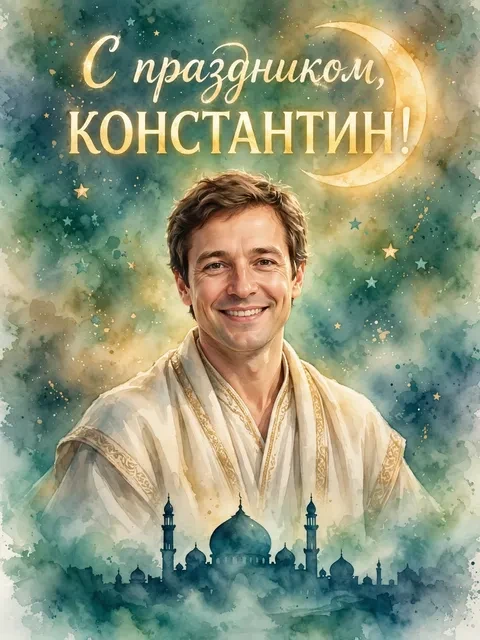 Пример открытки в дизайне «Полумесяц над мечетью»