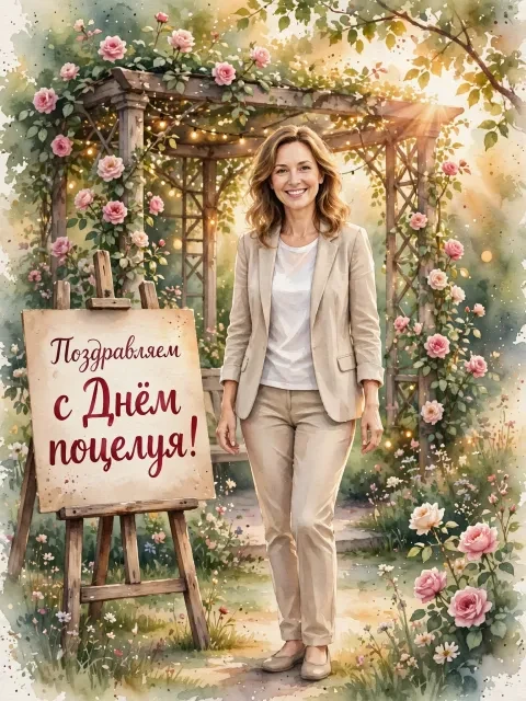Пример открытки в дизайне «Акварельная розовая беседка»