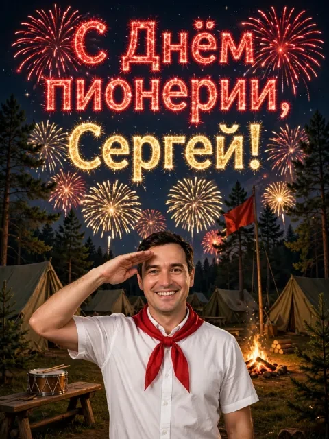 Пример открытки в дизайне «Салют над лагерем»