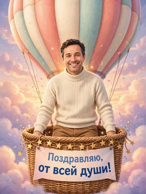 Пример открытки в дизайне «Воздушный шар над облаками»