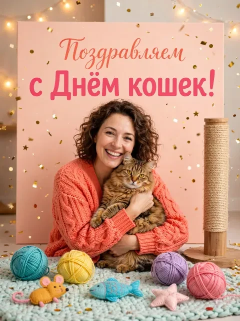 Пример открытки в дизайне «Праздничный кошачий переполох»