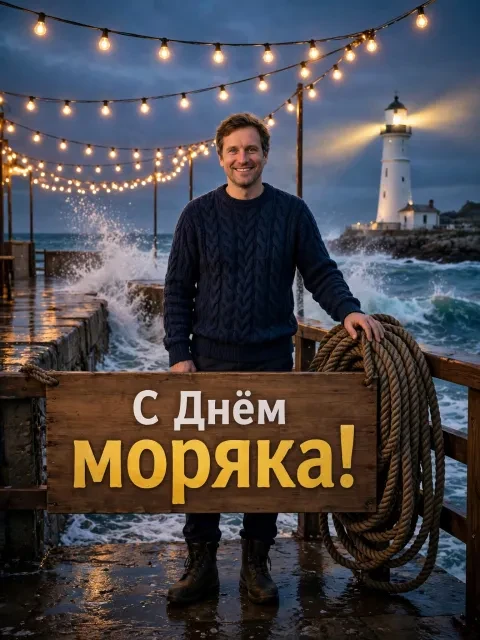 Пример открытки в дизайне «У маяка в лучах праздника»