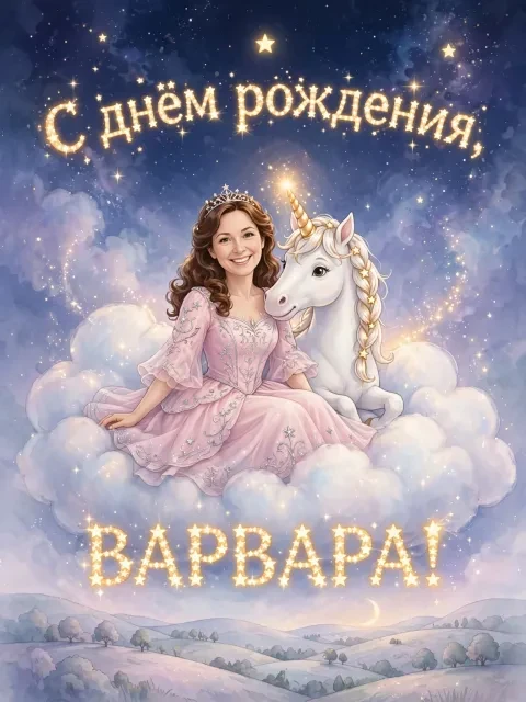 Пример открытки в дизайне «Единорог на облаке»