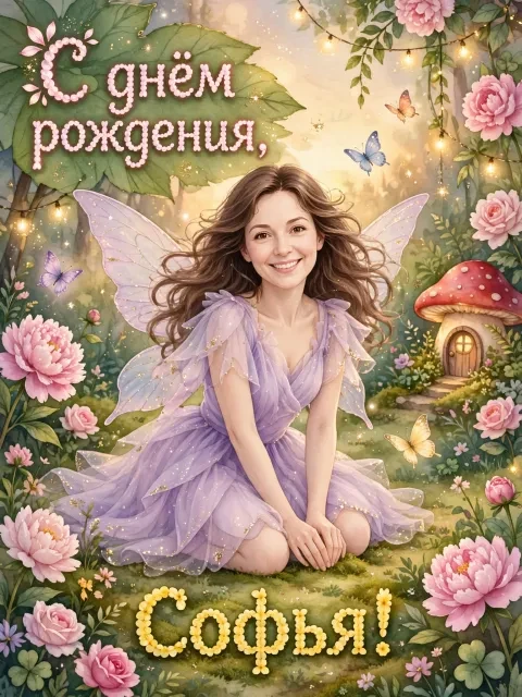 Пример открытки в дизайне «Фея в цветочном саду»