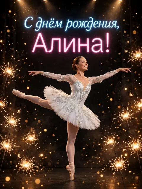 Пример открытки в дизайне «Балерина на сцене с бенгальскими огнями»