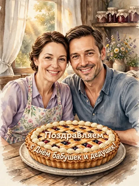 Внуки и бабушка за пирогом