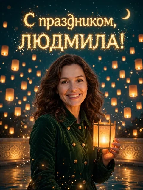 Пример открытки в дизайне «Фонари и полумесяц»