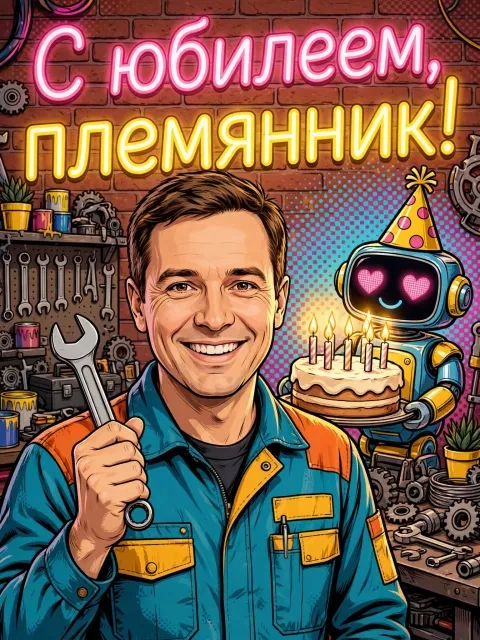 Пример открытки в дизайне «Робот-поздравление»