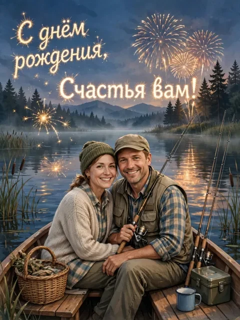 Пример открытки в дизайне «Рыбалка на закате»